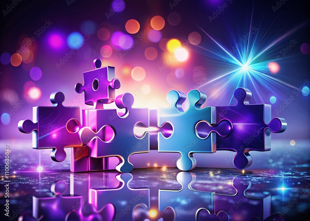 Poster connection of puzzle pieces on a purple background representing business success solutions in a 3d i