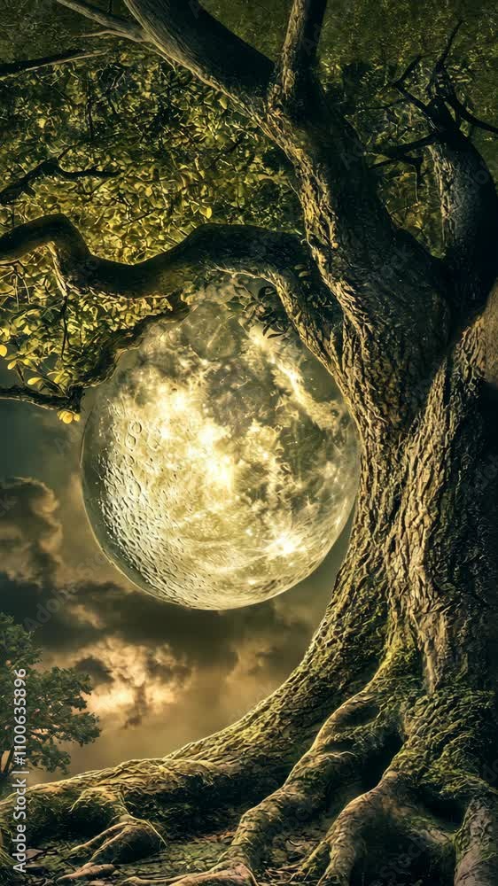 Poster nighttime landscape with a large moon illuminating an ancient tree in a mystical setting