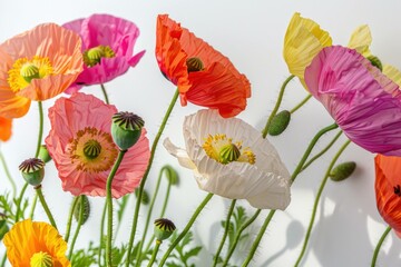 Obraz premium Colorful bouquet of poppies arranged beautifully against a white background, showcasing vibrant petals in shades of pink, orange, and yellow. Floral concept.