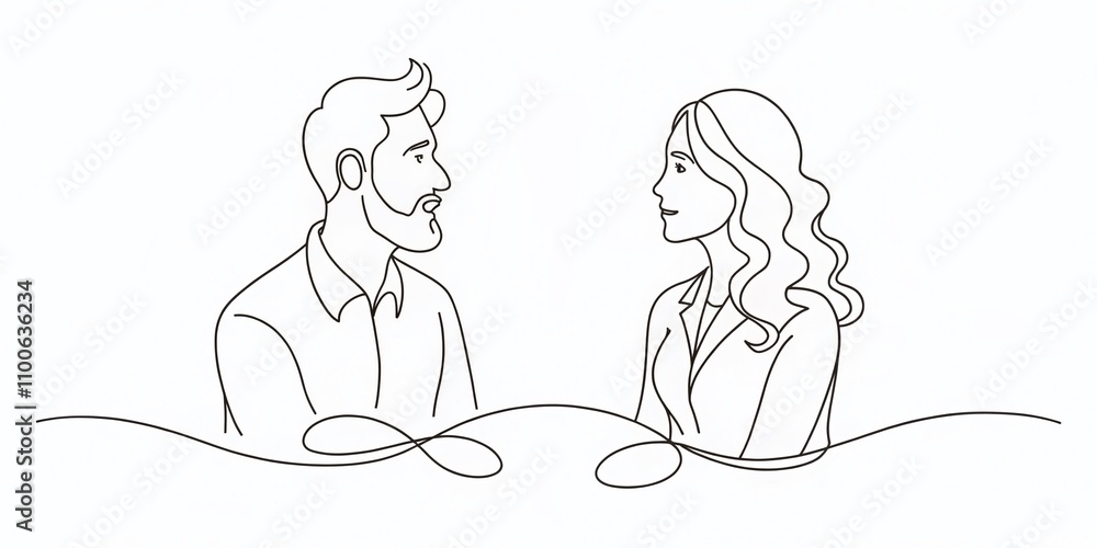 Poster continuous line art of two people communicating in bokeh effect – minimalist black sketch illustrati