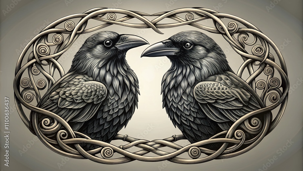Aufkleber continuous single line drawing of two ravens within a gothic celtic knot frame in striking black and
