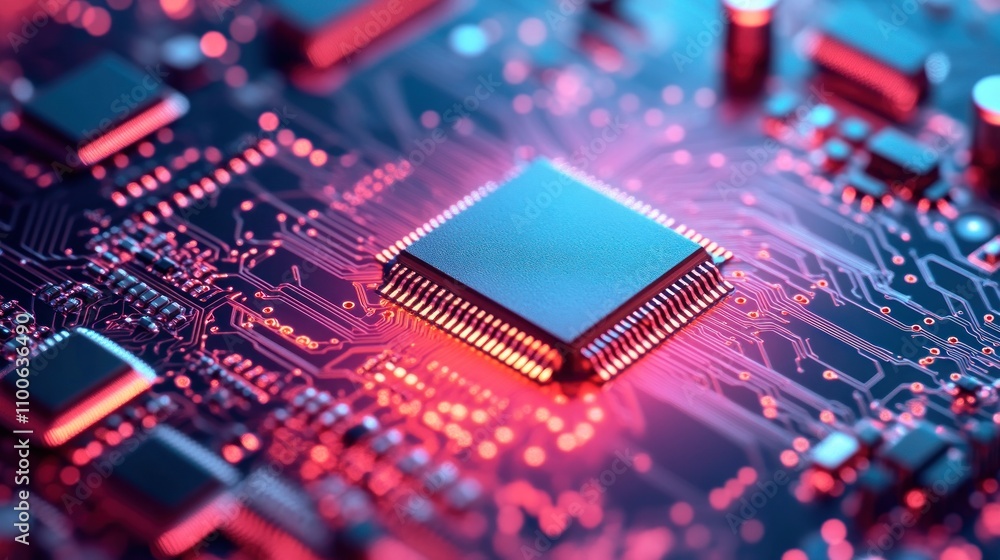 Poster a computer chip is lit up with orange lights. the chip is on a circuit board