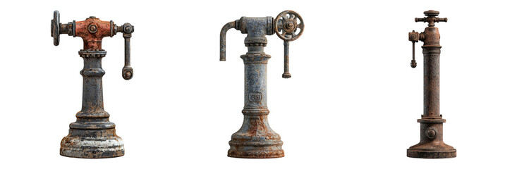 Fototapeta premium Vintage Water Pumps in Varied Conditions Isolated on transparent background png