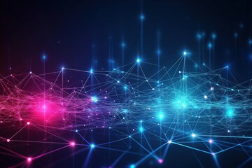 Fototapeta premium Abstract illustration of futuristic tech network. Interconnected glowing lines, points form complex network. Visualizes global data flow, smart communication. Dynamic design evokes speed, intelligent