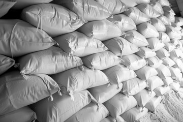 Obraz premium Stacked white bags in a warehouse, organized neatly against a wall, creating a structured and orderly storage environment.