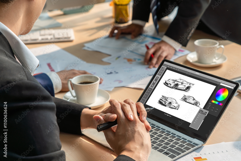 Poster electric car design software on computer screen showing simulation blueprint snugly by digital calcu