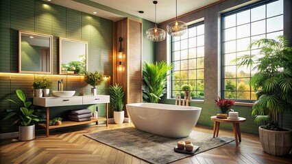 Fototapeta premium Cozy and Inviting Bathroom Featuring a Bathtub, Toilet, and Sink with Natural Light Streaming In, Perfect for Relaxation and Home Decor Inspiration