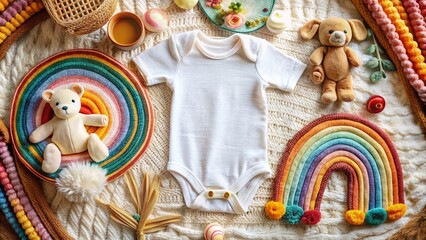 Cozy Baby Girl Onesie Mockup with Boho Rainbow Decor, Soft Toys, and Pregnancy Announcement Flat Lay on a Gentle Blanket for Expecting Parents