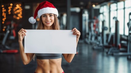 Christmas mock-up muscular woman in Santa Claus hat, and sportswear holding empty poster sheet white for text in sports hall gym, copy space, template fitness advertising holiday promotion