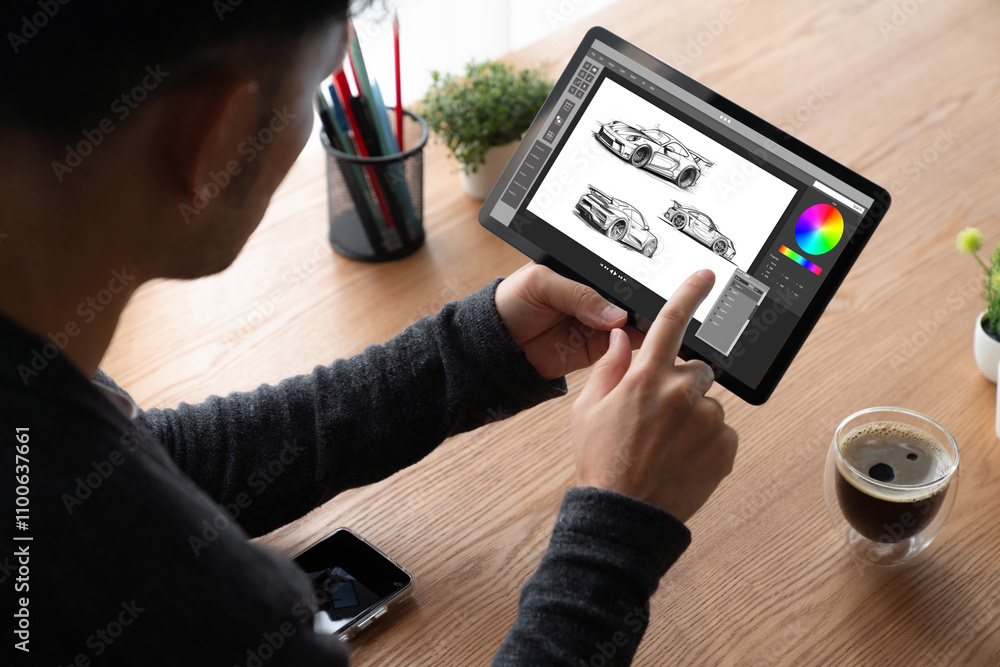 Poster electric car design software on computer screen showing simulation blueprint snugly by digital calcu