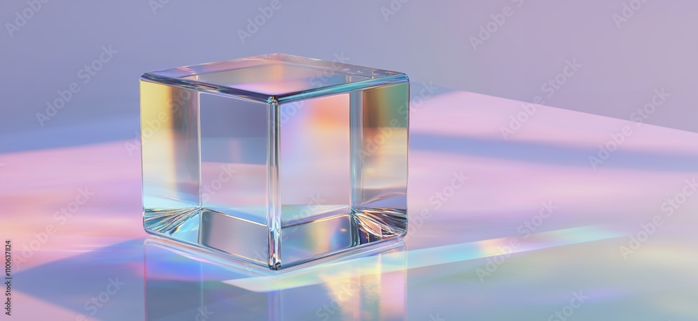Poster crystal prism reflecting light, creating colorful patterns. transparent hexagonal shape, smooth surf
