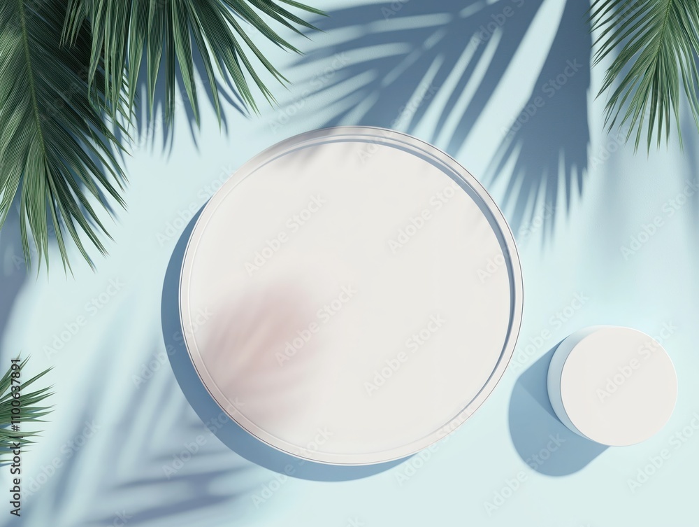 Poster top view mock up design. white blank cylinder frame on light blue background with palm shadows. empt