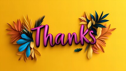 Obraz premium Colorful paper leaves surround a vibrant 'Thanks' message against a bright yellow background.