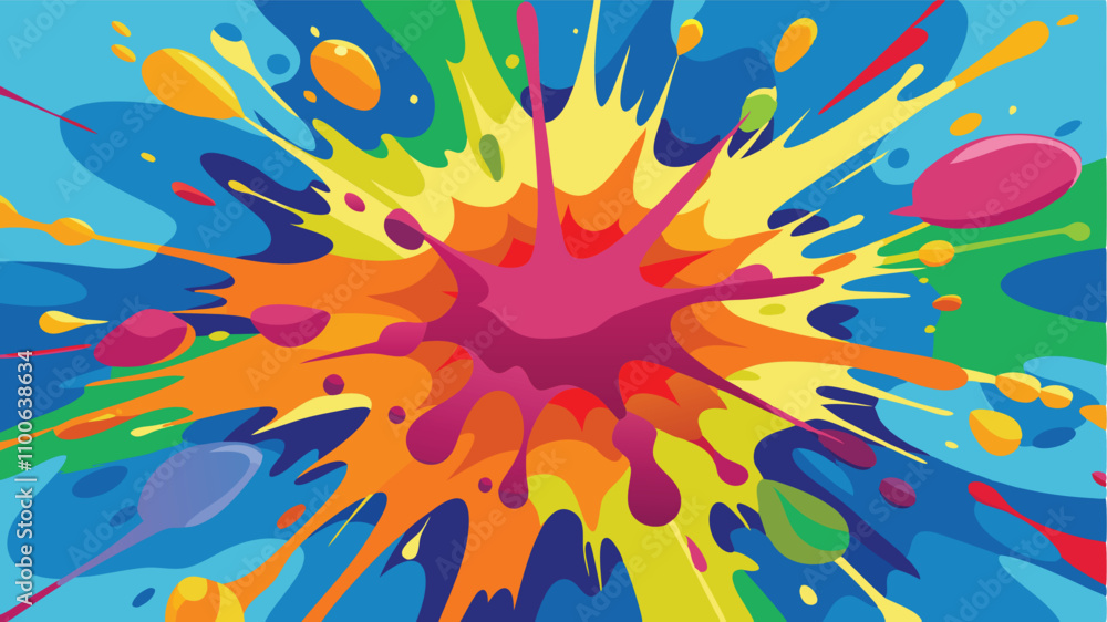 Poster vibrant color explosion design features bold splashes and diverse hues, creating a lively abstract a