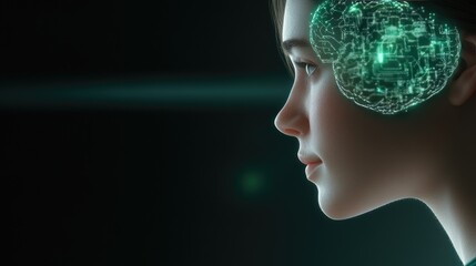 The android woman’s head and shoulders are illuminated by glowing green circuitry in a hyper-realistic biopunk design against a dark backdrop