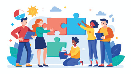 Team collaboration in a creative workspace with colorful puzzle pieces and digital tools