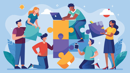 Team collaboration in a creative workspace with colorful puzzle pieces and digital tools