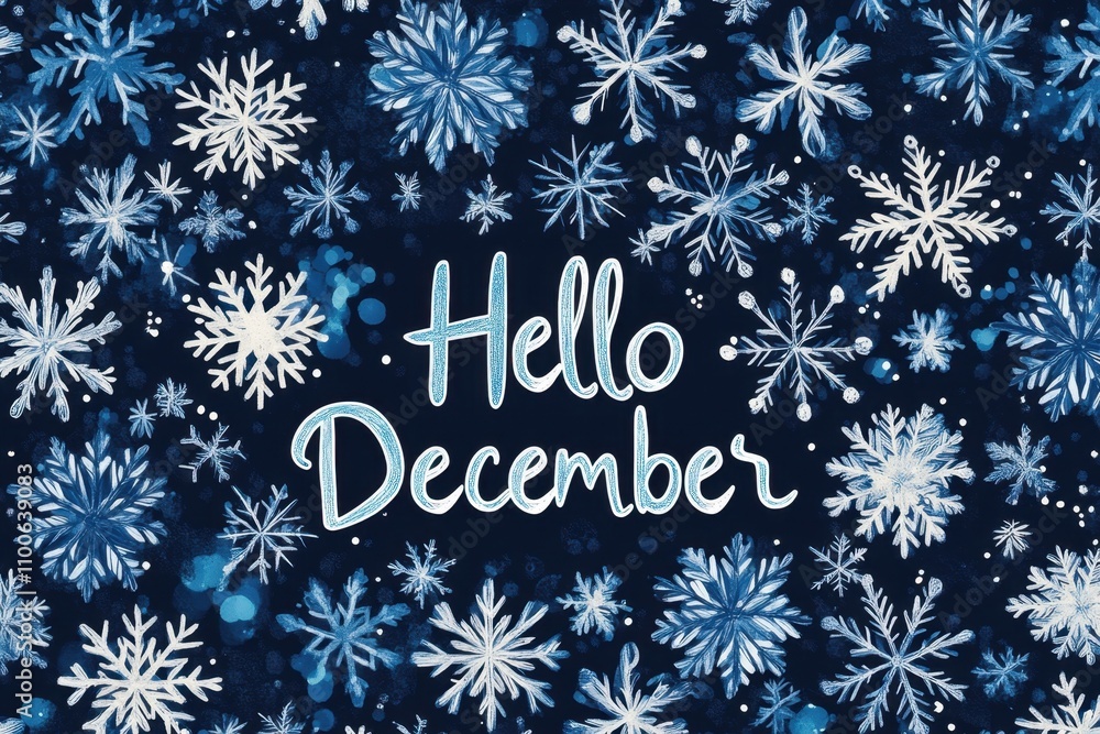 Poster a cute illustration of a pattern of many snowflakes, with the text 
