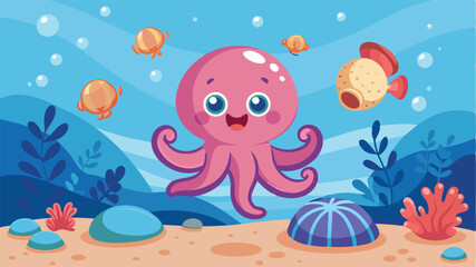 Obraz premium Pink octopus character swimming joyfully among colorful fish and aquatic plants in a vibrant underwater scene