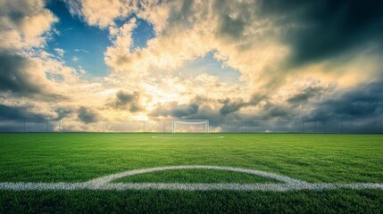 A soccer field's penalty spot, outdoor setting with dramatic clouds, Dramatic style