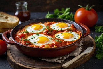 A Shakshuka (Eggs in Spicy Tomato Sauce), serving with pita bread