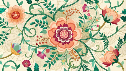 Vibrant floral vector design with intricate vines and blossoms creating a lively pattern on a soft background