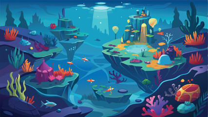 Naklejka premium Underwater fantasy landscape featuring floating islands and vibrant coral reefs with mystical structures at dusk
