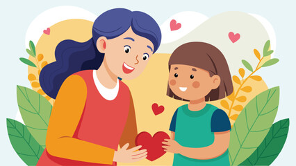 Fototapeta premium Heartwarming vector illustration of a mother smiling at her son against a colorful background with hearts and leaves