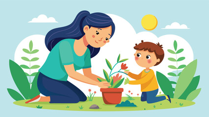Mother and child planting flowers in a garden during a sunny day with vibrant greenery and blue sky