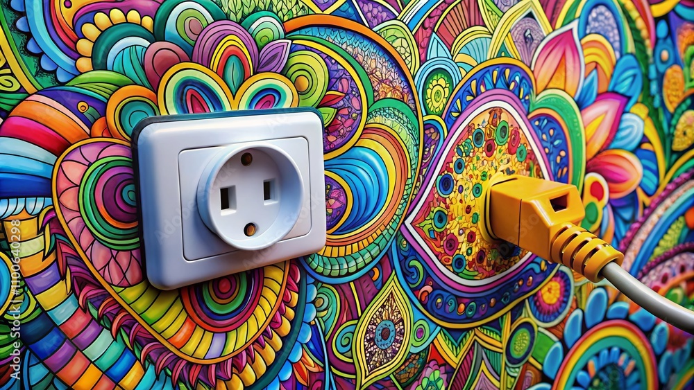 Poster creative macro photography of an unplugged electric plug and socket connection doodle with vibrant c