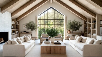 Fototapeta premium Spacious living room features a white brick fireplace, cozy beige sofas, rustic coffee table, and beams, perfect for relaxation and gatherings