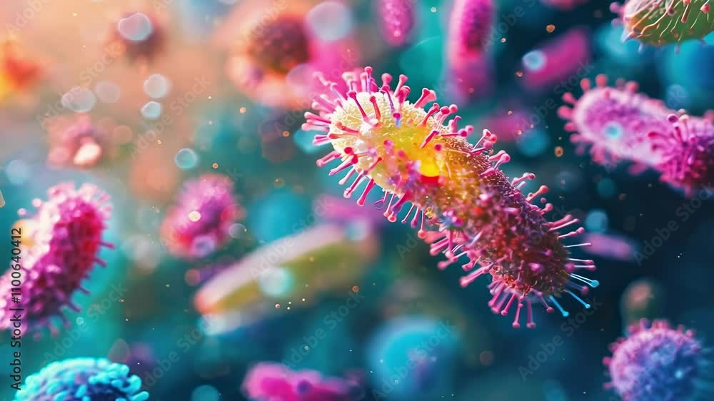 Poster vibrant microscopic view of colorful bacteria and microbes in a fluid environment