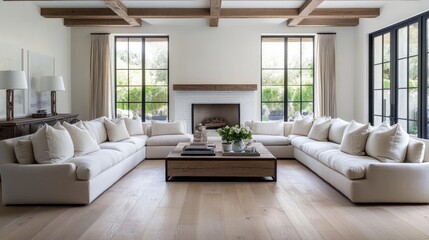 Fototapeta premium Spacious living room features a white brick fireplace, cozy beige sofas, rustic coffee table, and beams, perfect for relaxation and gatherings