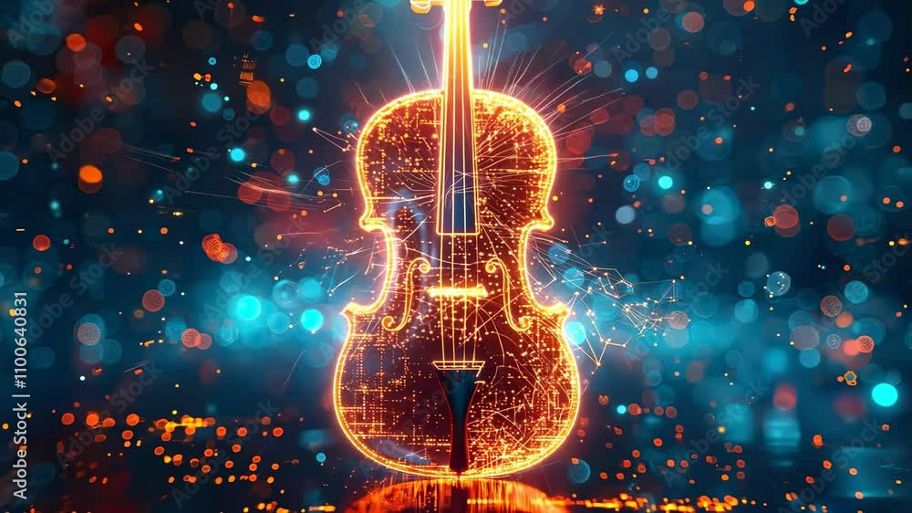 Poster glowing violin with colorful bokeh lights in a dramatic setting