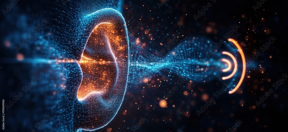 Poster digital ear with sound waves, glowing particles, abstract representation of hearing and sound percep