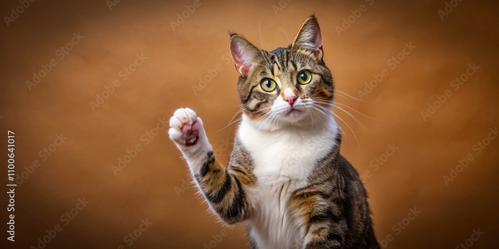 Poster curious tabby white cat playfully raising its paw on a brown background with ample copy space for te