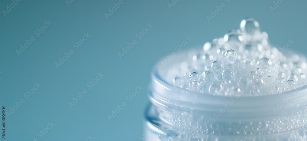 Poster bubbles in jar, close-up view, transparent container filled with small bubbles, soft blue background
