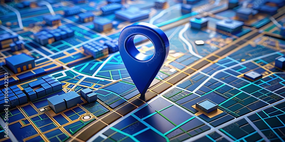 Poster dark blue location indicator on a 3d city map with gps pinpointing an exact meeting point in a vibra