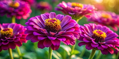 Obraz premium Dark Purple Zinnia Flowers Shimmering in the Summer Sun, Capturing the Beauty of Nature's Dance in Macro Photography