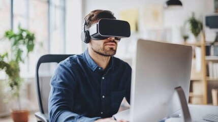 Young Man Using Virtual Reality Headset in Modern Office Setting