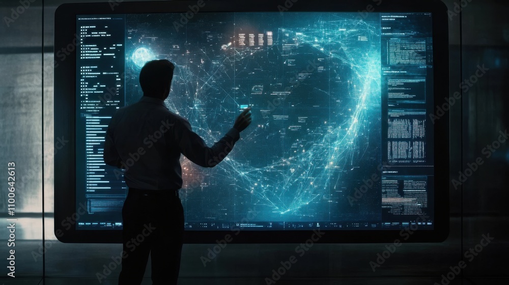 Aufkleber futuristic man interacting with high-tech data visualization screen