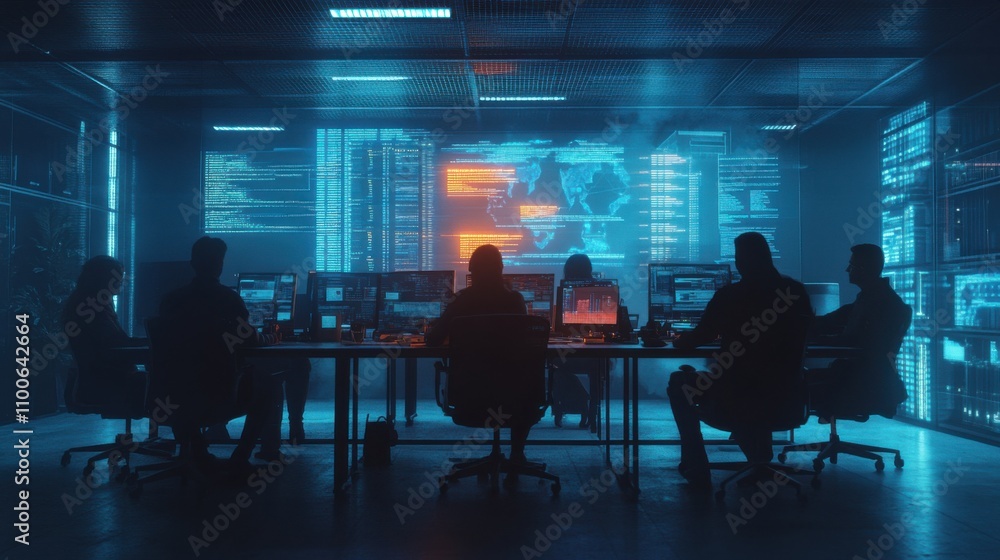 Poster dark room with figures working on computers in cybersecurity environment