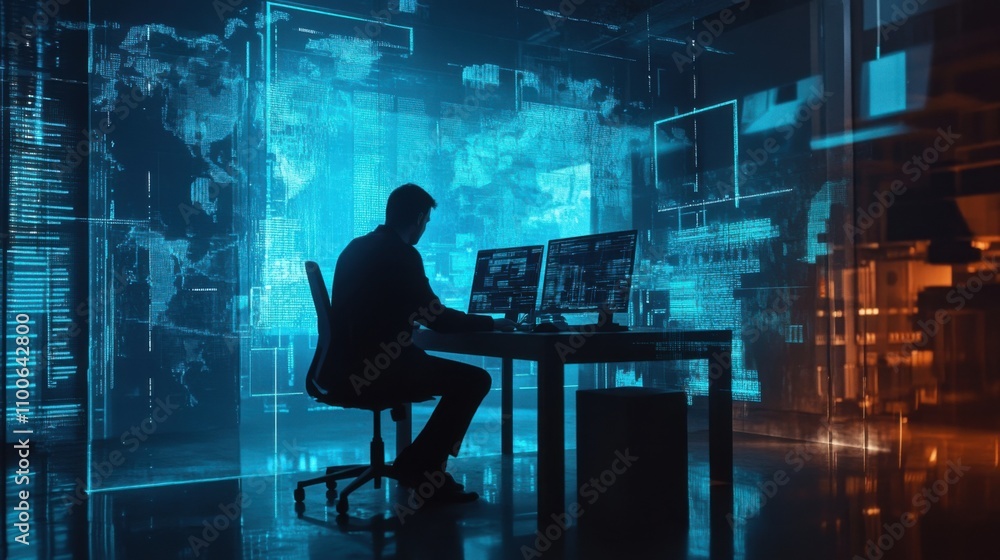 Poster silhouette of a person working at desktop with data visualizations