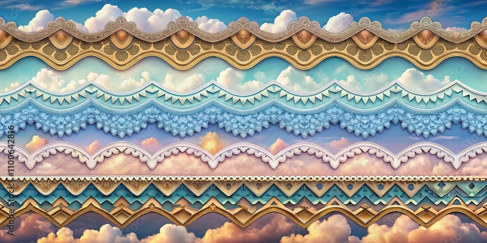 Poster Decorative Cloudy Wave Curve Edge Borders in Gradient Style with Funky Zigzag Patterns for Creative Design Projects and Stylish Decorations