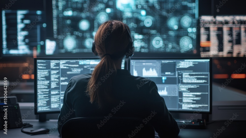 Poster data analyst working with multiple monitors in modern office setting