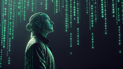 Person with Digital Overlay Against Binary Code