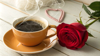 Steaming Coffee and Red Rose on White Wood