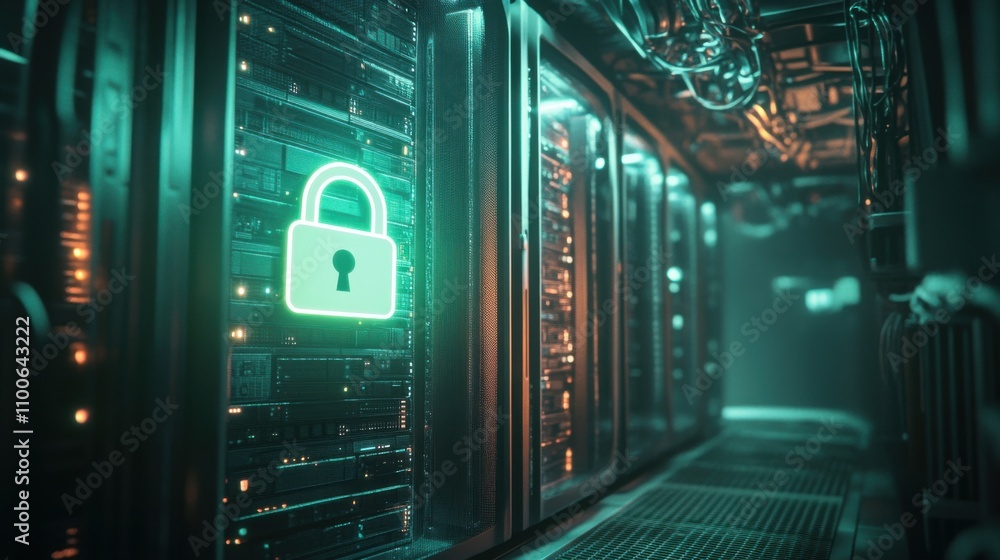 Poster futuristic data center with security lock symbol and server racks