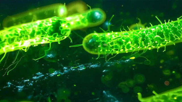 Vibrant microscopic view of glowing bacteria in a dark environment