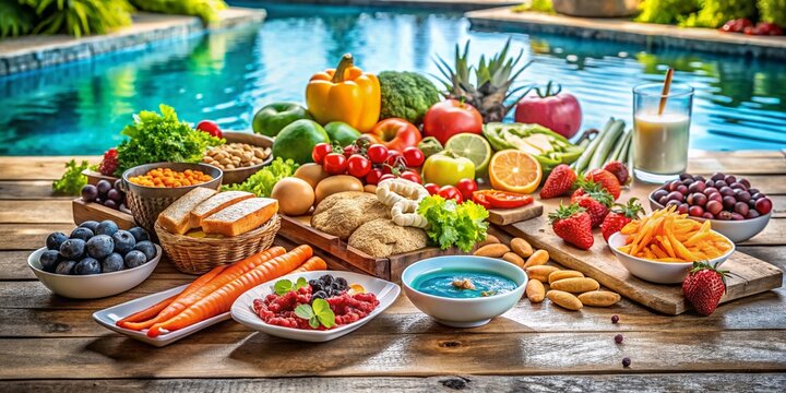 Delicious and Nutritious Swimming Fuel: A Colorful Spread of Healthy Foods for Swimmers to Enhance Performance and Energy During Crol Swimming Practice and Competitions